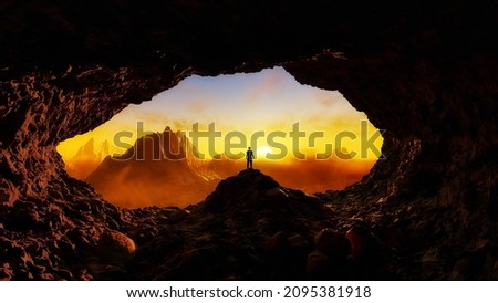 Adventurous Adult Man Standing inside a rocky cave  Rocky Mountain Landscape in Background  Dramatic Sunrise Sky  3d Rendering  Adventure Concept Photo stock © 