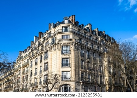 Paris, beautiful building, place Denfert-Rochereau in the 14e arrondissement, blue sky in winter Photo stock © 