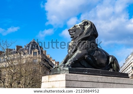 Paris, France, beautiful lion place Denfert-Rochereau in the 14e arrondissement, with typical buildings Photo stock © 