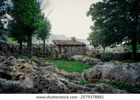 Image, Stock Photo Stone house located on rocky mountain in winter time at sunset