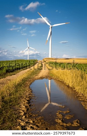 Image, Stock Photo View on several windmills, wind generators, turbines, producing renewable clean energy by converting kinetic energy