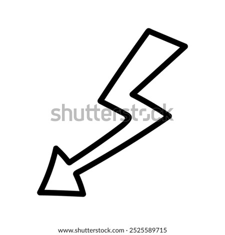 Angular arrow in lightning shape doodle. Hand drawn element for navigation and presentations.