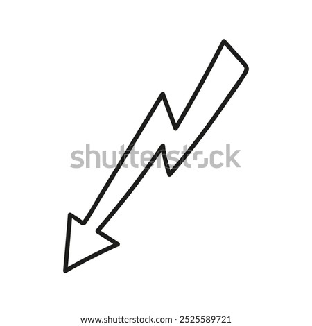 Angular arrow in lightning shape doodle. Hand drawn element for navigation and presentations.