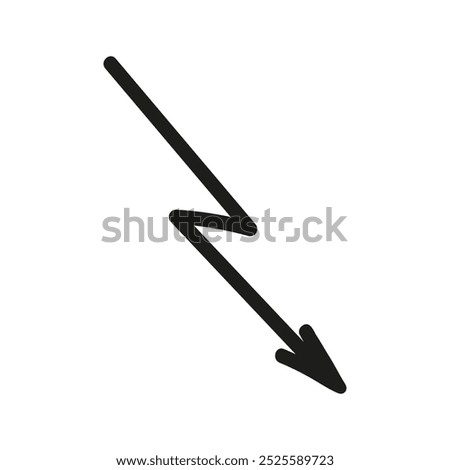 Angular arrow in lightning shape doodle. Hand drawn element for navigation and presentations.