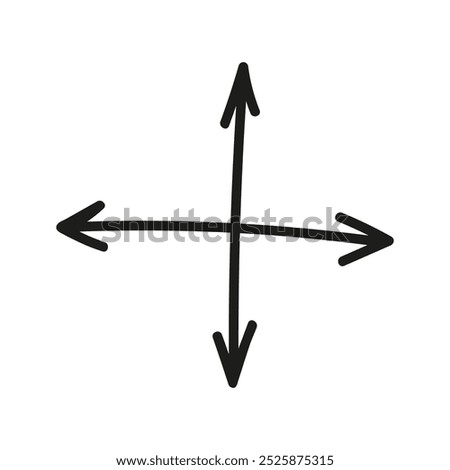 Crossed arrows doodle, coordinate system. Hand drawn element for navigation and presentations.