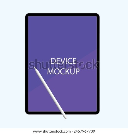 New version of realistic vector of premium tablet in trendy thin frame design with pencil. Purple background screen