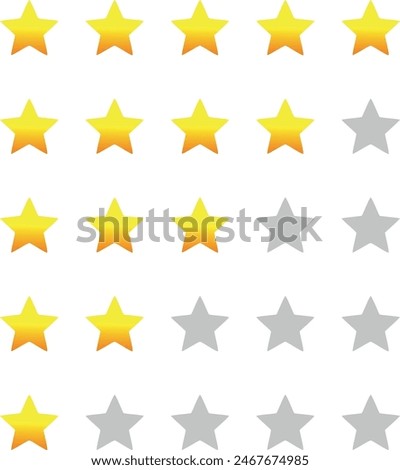 Set of stars rating design elements. Kit of star shapes for ranking interface. Voting symbols from zero to five points. Vector illustration in flat style. gold stars and half star flat vector icons