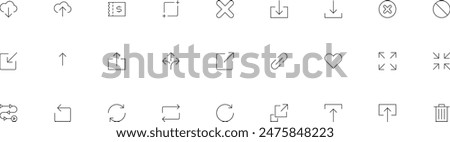 System User Interface Vector Icon Set. High Quality Minimal Lined Icons for All Purposes. UI collection with cross loop heart delete arrow stop cloud insert link share upload technology icons IoT