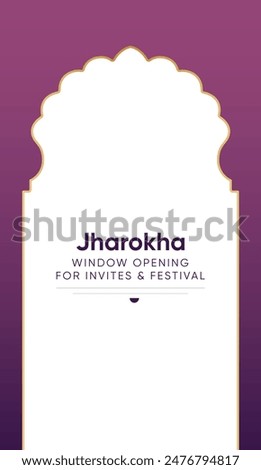 Abstract jharokha Islamic Label Frame islamic building arch architecture invite festival greeting wedding diwali. Royal purple gradient with gold emblem window opening gate. Copy space for text middle