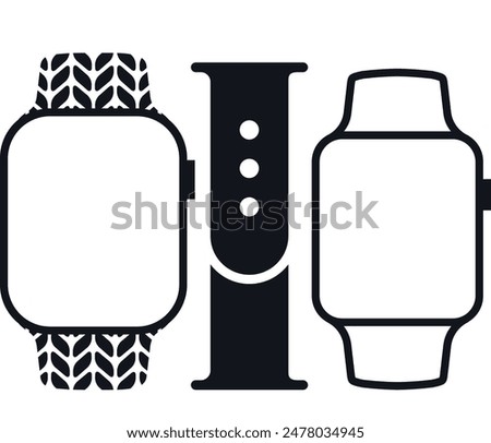 Smart watch with different patterned straps and dial button in Smart Device Outline icon Isolate on White Background. Collection of smartwatch gadgets for time icons set