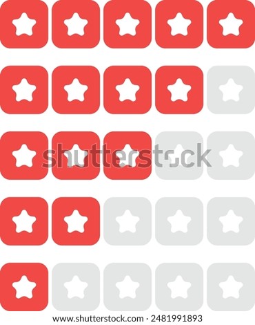 Set of stars rating design elements. Kit of star shapes for ranking interface. Voting symbols from zero to five points. Vector illustration in flat style. Red stars and half star flat vector icons
