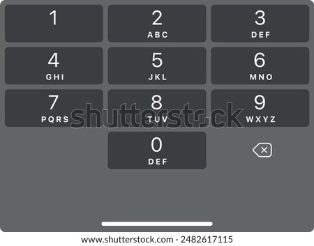 Smartphone dial keypad with numbers and letters. Interface keypad for touchscreen device. Dialing numbers phone on screen. Mobile iphone keypad design. Dark mode with black button Vector Illustration.