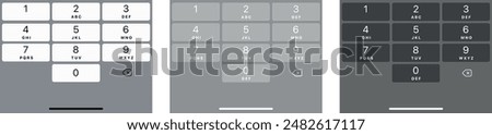 Smartphone dial keypad with numbers and letter set. Black, white and grey collection of interface keypad for touchscreen device. Dialing numbers phone on smartphone screen. Mobile iphone keypad design