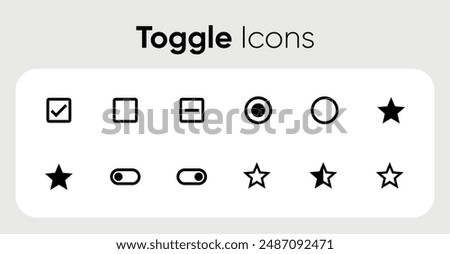 Switch toggle icon set. Outline toggle icon. Turn on and turn off slider. Switch on and off toggle. Power button in line and flat style. Material design switch buttons set