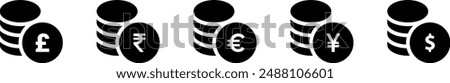 Money or financial coins stacked vector icon set. Dollar, Rupee, Euro, Yen, Pound Sterling coin, money stack, wallet, banknote finance symbols.