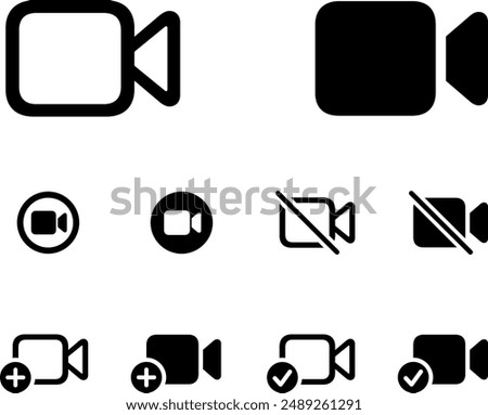 Set of Video call icons. Video conference call tick, add, cancel, checkmark in fill. Collections buttons of on-line video chat app, internet talk. Video conferencing and online meeting workspace