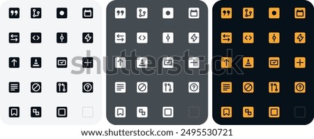 Developer icon set in three colours. Css, java, python coding dashboard icons collection in white grey and mustard yellow colours. UI errors vector illustration