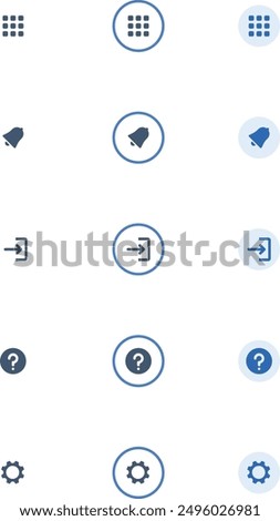 Dashboard hover Profile ui setting icons. Icon set of dashboard, notification bell, help question mark, settings cog wheel, and exit. 