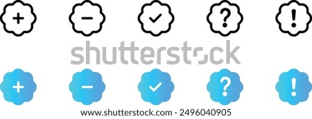 Patch plus minus badges icon set for interface. Set of new style gradient badges vector isolated on white. Math shapes icon set. Arrows vector illustration collection