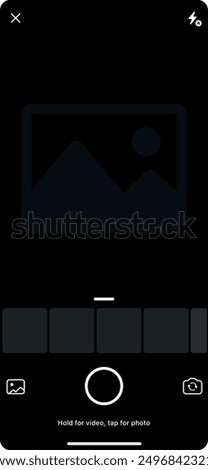 Camera click interface for mobile application. Photo ui with shutter, flash, and gallery icon. Camera interface on smartphone screen. Photo, video ui in mobile phone. Photo and video shooting.