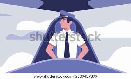 Airway transportation abstract concept vector illustration set. Aircraft pilot in uniform in cockpit during flight, cruising altitude, landing airplane, arrival at airport.