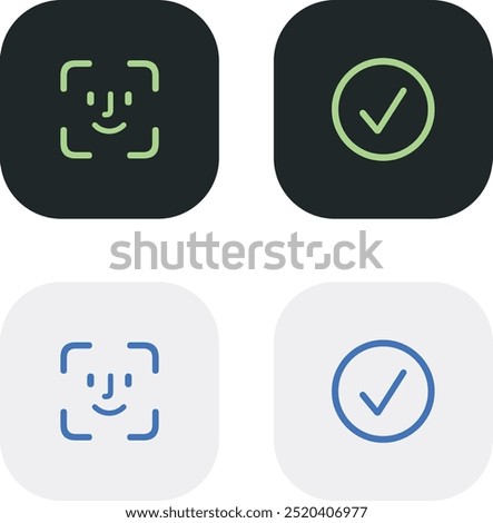 Face scanning process. Facial detection symbols. Face recognition. Biometric verification. Touch id and face id icon on mobile devices. Flat design style. Vector illustration