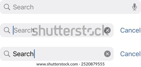 Search Field, State, Placeholder, Focused, Typing, magnifying, cross, close, Type. Search bar boxes set. Web UI elements for browsers with text field and button for UI.