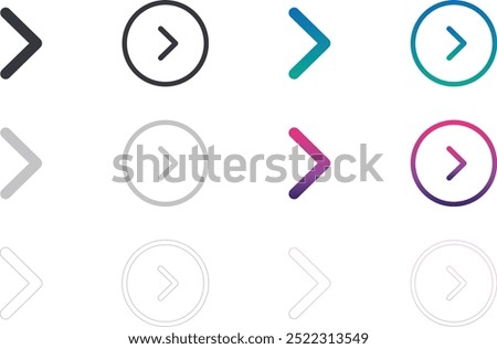 Arrows UI isolated icons set. Set of line vector icon. Arrows, State, Disabled, enabled, hover, gradient, CTA in gradient circle.