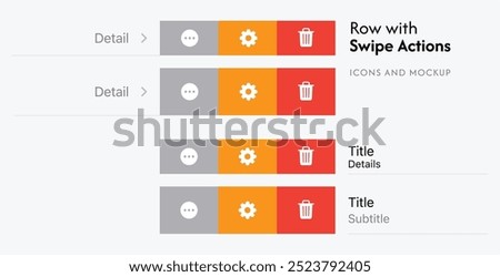 Row with Swipe Actions, including icons. Swipe to delete button. iPad, iphone and ios icon set 
