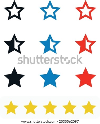 Star vector isolated icon. Stars collection. Golden, red and blue shape isolated on white background. Vector half, full stroke rating. Modern logo concept  idea