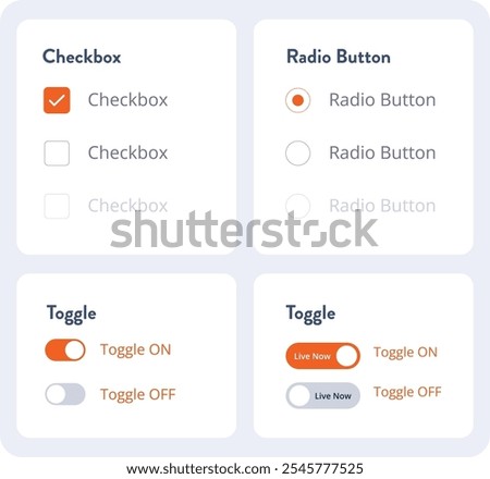 Switch toggle icon set. Outline toggle in orange. Turn on and turn off slider. Switch on and off toggle. Power button in line and flat style. Material design switch buttons set