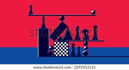 Various geometric and chess pieces in an abstract style. The concept of balance, intellectual game, stability. Game of chess.
