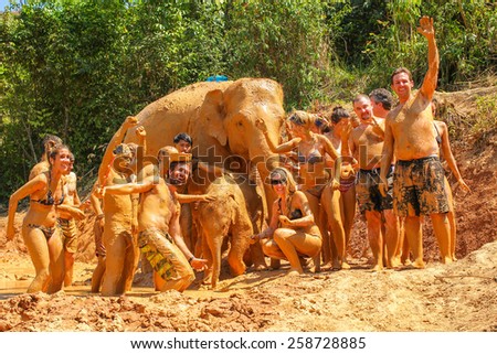 CHIANG MAI, THAILAND - MARCH 7 : People can opportunity to experience the lifestyle of elephants and mud spa with the elephant. (no hook, no chain) on MARCH 7, 2015 in Chiang Mai, Thailand.