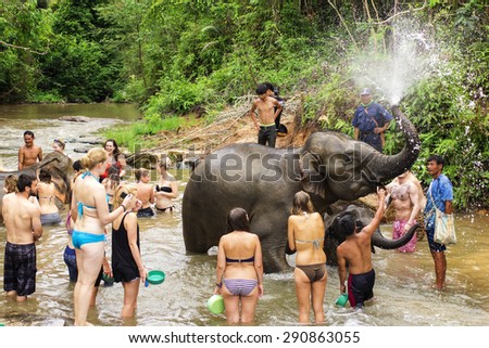 CHIANG MAI, THAILAND - JUNE 26, 2015 : People can opportunity to experience the lifestyle of elephants and bathing with elephant \
in river in Chiang Mai, Thailand.