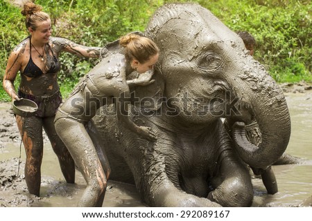 CHIANG MAI, THAILAND - JUNE 30, 2015 : Tourist playing mud with elephant in Chiang Mai, Thailand.