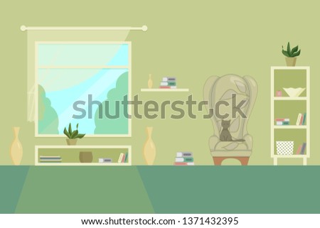 living room with armchair shelves window books lamp and cat flat vector illustration