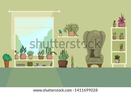 living room with armchair shelves window books houseplants flowers in pot and cat flat vector illustration