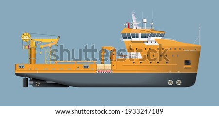 OSV-Offshore support vessel marine ship equiped with hydraulic telescopic knuckle boom crane,rescue boat.new model offsore vessel in yellow-orange color vector design.
