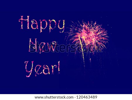 Happy New Year greeting card design poster banner or invite with pink yellow and purple letters and fireworks on a purple background for 2015. Shrinks down to a 5x7 greeting card or invitation.