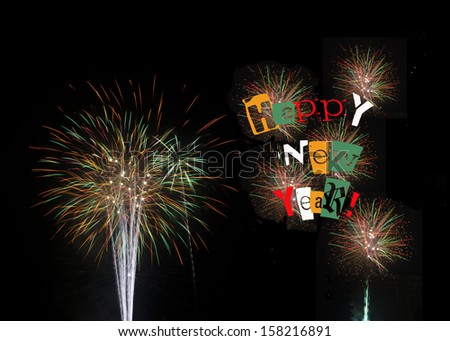 Happy New Year 2015 colorful fireworks on black background for banner, poster, card or party invitation for New Year\'s Day or New Year\'s Eve. Also available Feliz Ano Nuevo.