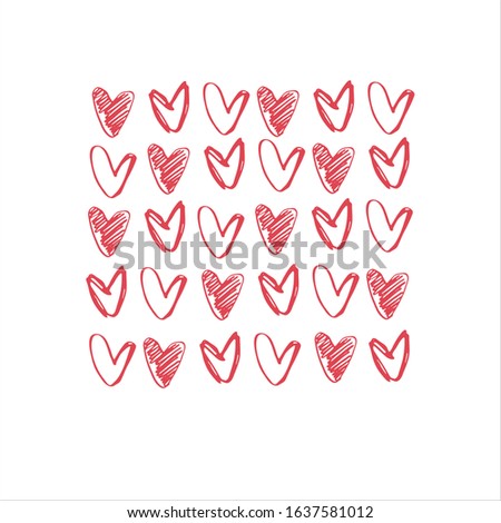 Square background with rows of hand drawn red hearts, empty and shaded outlines on white background, for gift wrap and other design projects. Valentines Day concept, romance concept