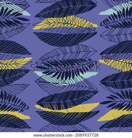 Seamless pattern with tropical leaves in retro 1970s style. Night in Jungle concept. The colors of the 2022 year Very Peri, blue a violet-red undertone background