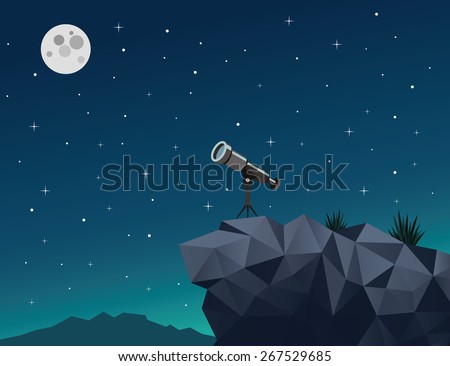 Romantic night sky with stars, moon and binoculars. Our dreams and goals. Vector simple illustration.