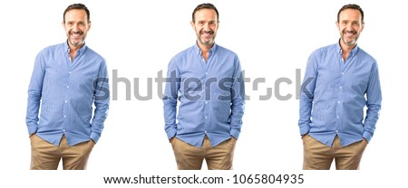 Middle age handsome man confident and happy with a big natural smile looking at camera over white background