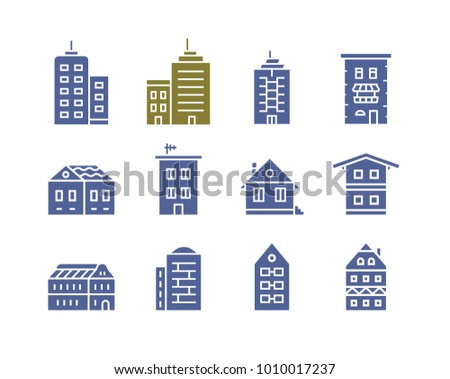 Collection of home and house icons. City building vector icon set.