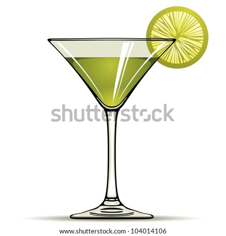 Green alcohol cocktail with green lime isolated on white, vector illustration.
