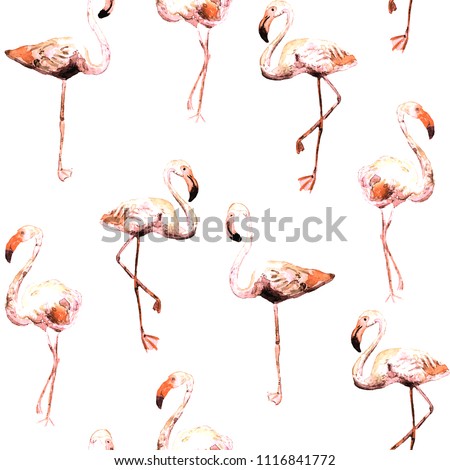 Flamingo pattern. Tropical summer white pink print. Exotic spring textile background with birds. Fashion hawaiian jungle repeated seamless tile. Trendy botanical swimwear design. Miami wildlife.