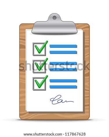 Clipboard and checklist. Wooden clipboard with a sheet of paper