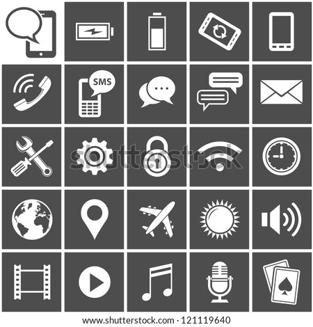 25 Vector Icons for mobile applications. Mobile Interface Icon Set. Simplus series. Each icon is a single object (compound path)