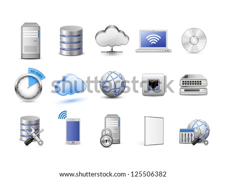 Highly detailed vector icons. Servers, databases, network devices and cloud computing concept